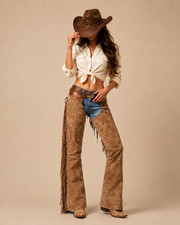 Women  s Western Leather Chaps Fringe Cowboy Riding Pants Cowgirl Suede Chaps