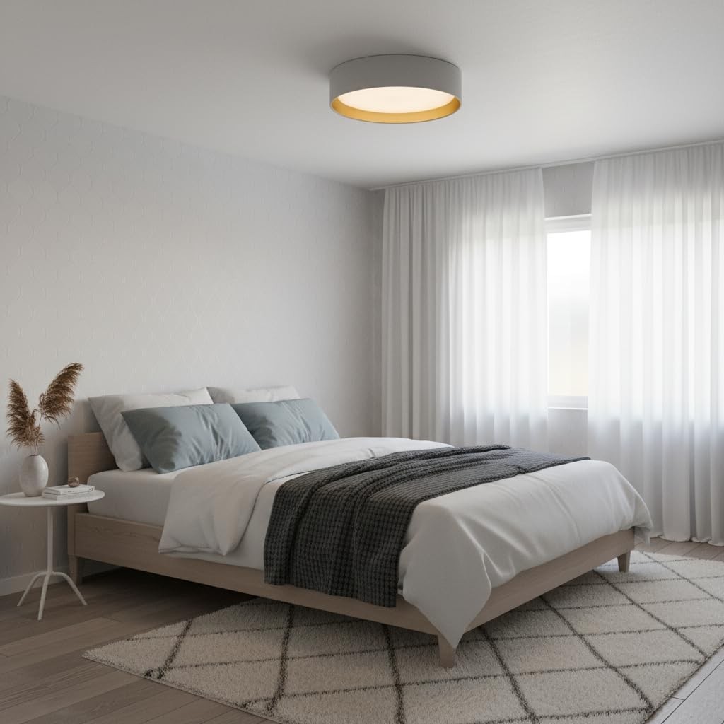 Plafonnier LED Ø40 cm tissu blanc intérieur doré pour une chambre cosy