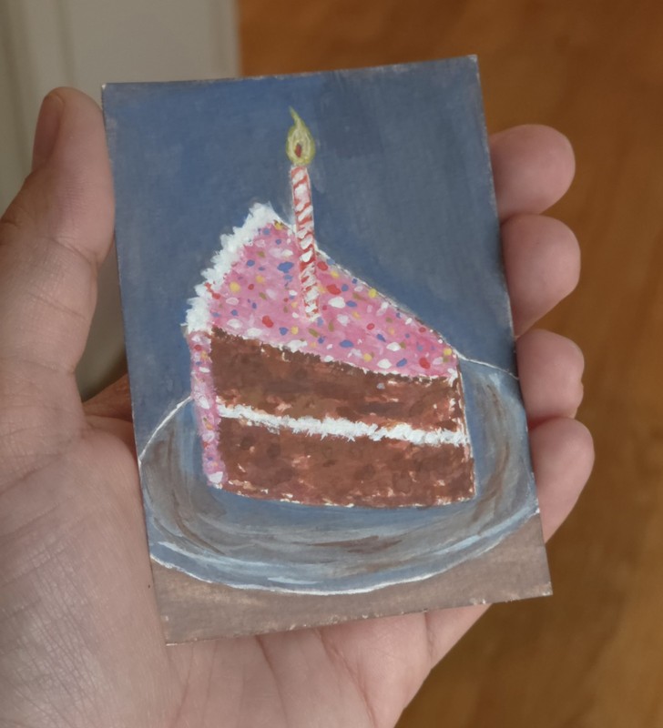 ACEO original Food Art Cake Chocolate Celebration Illustration Gouache 2.5"3.5" 