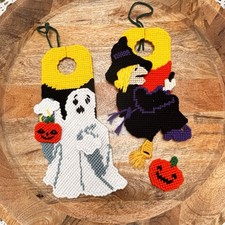 2/Vintage Halloween Ghost  Witch Completed Hanging Plastic Canvas door hangers