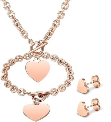3-Piece Heart Bow Jewelry Set in Polished Rose Gold for Unforgettable Moments