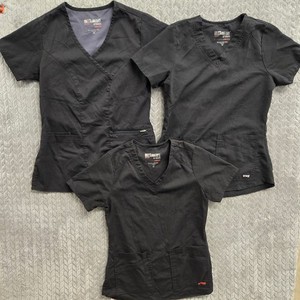 Lot of 3 Greys Anatomy Barco XS Black Scrub Top Medical Uniform V Neck Spandex