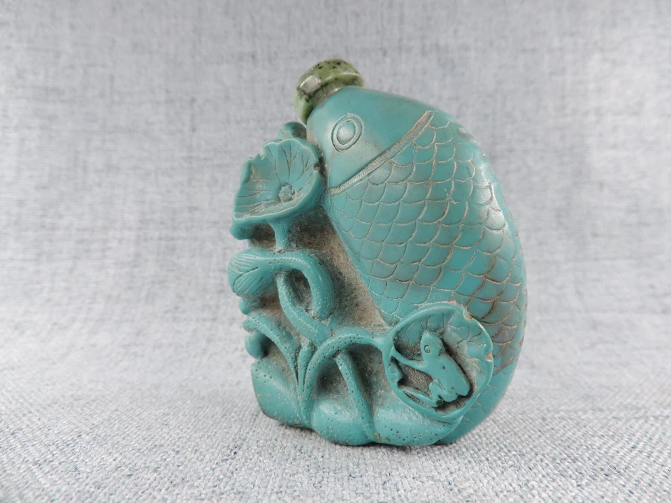 Frasco de rapé chinês antigo esculpido à mão estátua de peixe garrafa de rapé - Imagem 4 de 4