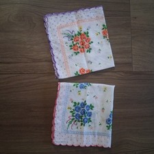 2 Vintage Floral Handkerchiefs Cotton Hankies Floral  Polka Dot Scalloped Edges