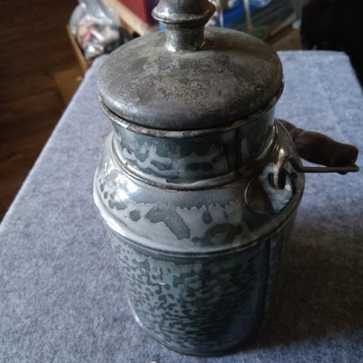 Enamelware Milk Pail Grey w White Swirls 9 Tall Wood Handle Farmhouse Decor