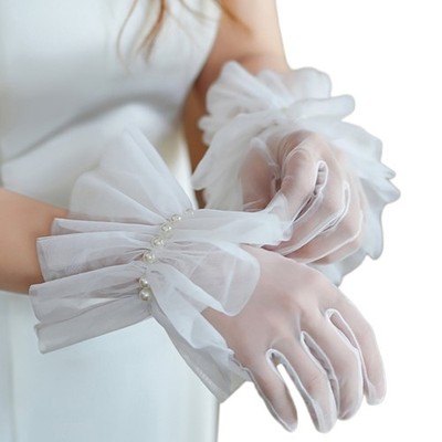Elegant Tulle Gloves Bridal Shower Gloves Teaparty Gloves Ruffled Sheer Gloves