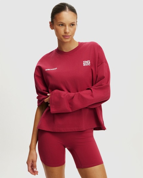 Cotton On Womens Oversized Boxy Top Size L Long Sleeve Graphic Tee Velvet Cherry