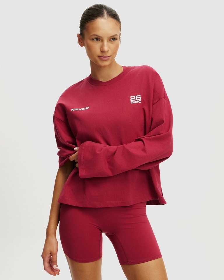 Cotton On Womens Oversized Boxy Top Size L Long Sleeve Graphic Tee Velvet Cherry