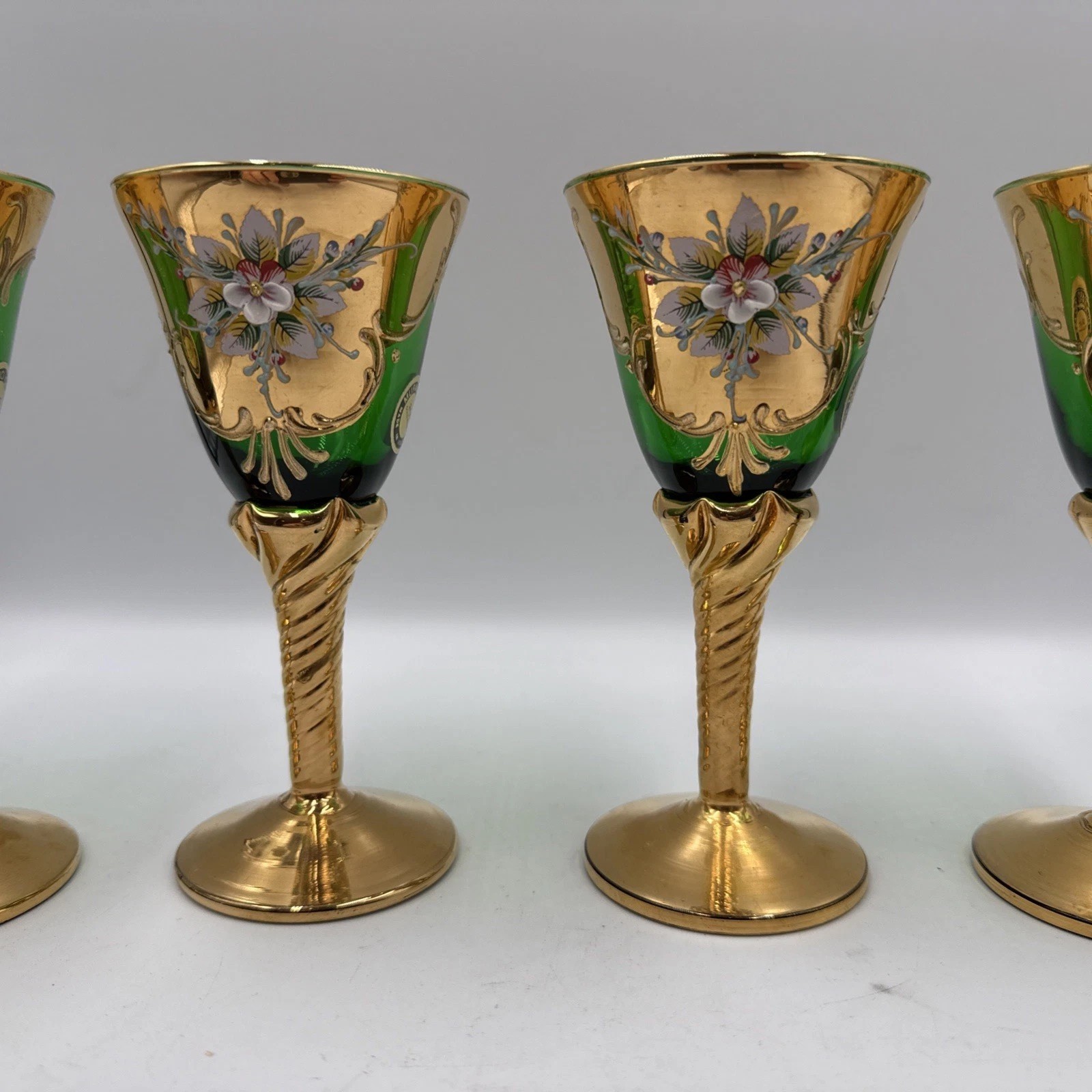 Set of 5 Murano Gold 24kt Paint Goblets Emerald Glass Italy