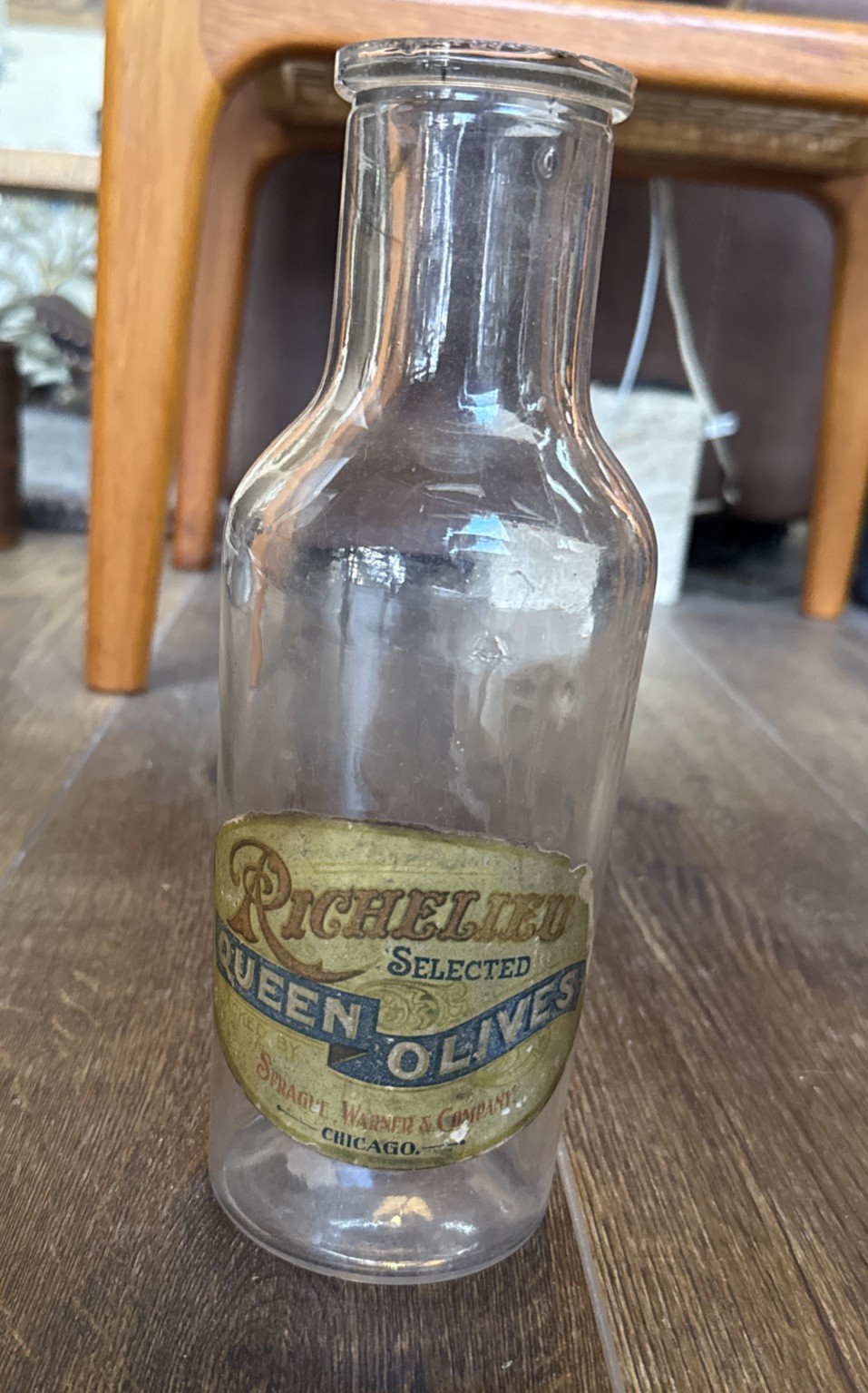 Vintage Richelieu Chicago Olives 9.75”Tall Jar Glass Bottle Paper Label