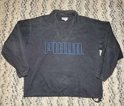 VTG Puma Jacket Mens Large Black Blue Coach Pullover Cotton Windbreaker 90s
