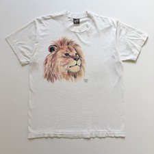 Vintage 90s Lion Animal Art Shirt Mens Large White Single Stitch Made In USA