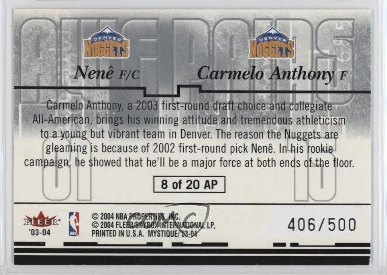 2003-04 Fleer Mystique Awe Pairs /500 Nene Carmelo Anthony #8AP Rookie RC HOF - Image 2 of 2
