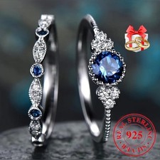 925 Silver Rings Pair With Blue Sapphire  Cubic Zirconia Elegant Women Jewelry