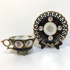 Vintage Royal Sealy Gorgeous Luster Cameo Lady Portraits Tri-Footed Cup & Saucer