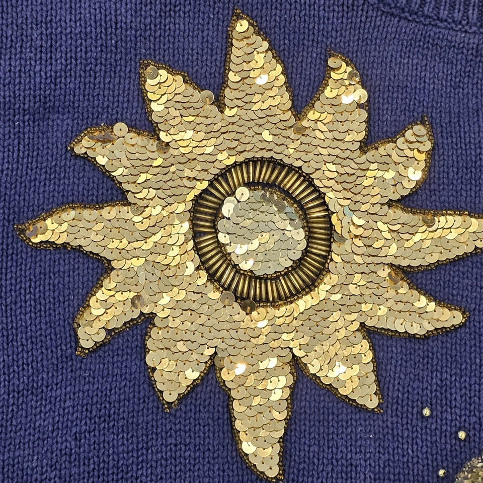 VTG Blue Chunky Sweater Celestial Sun Moon Stars Beaded Sequins Gold Sz L Large - Image 4 of 4