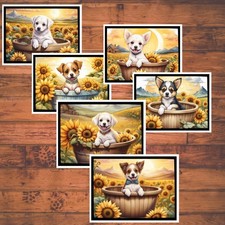 Puppies in Barrels Card Kit: Sunflowers A2 Handmade Greeting Cards w/ Envelopes