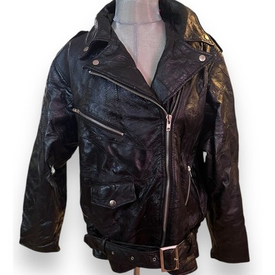Flight Path Black Vintage 90 s Leather Jacket Moto Biker Patchwork Oversized XL