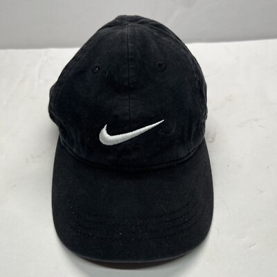 Nike Hat Cap Adjustable Hook Loop Child Black Outdoor Swoosh Check