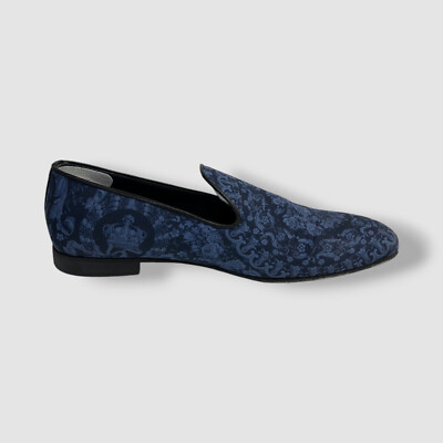 Versace Men's Blue Baroque Twill-Print Silk Loafer Slipper Shoes Size 41
