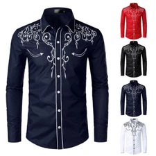 Mens Retro Western Cowboy Shirt Embroidered Casual Slim Fit Button Down Shi о