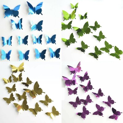 4 Sets x 12 Stck. 3D Schmetterling gespiegelte Wandaufkleber Kunstdekoration Kinder Kinderzimmer