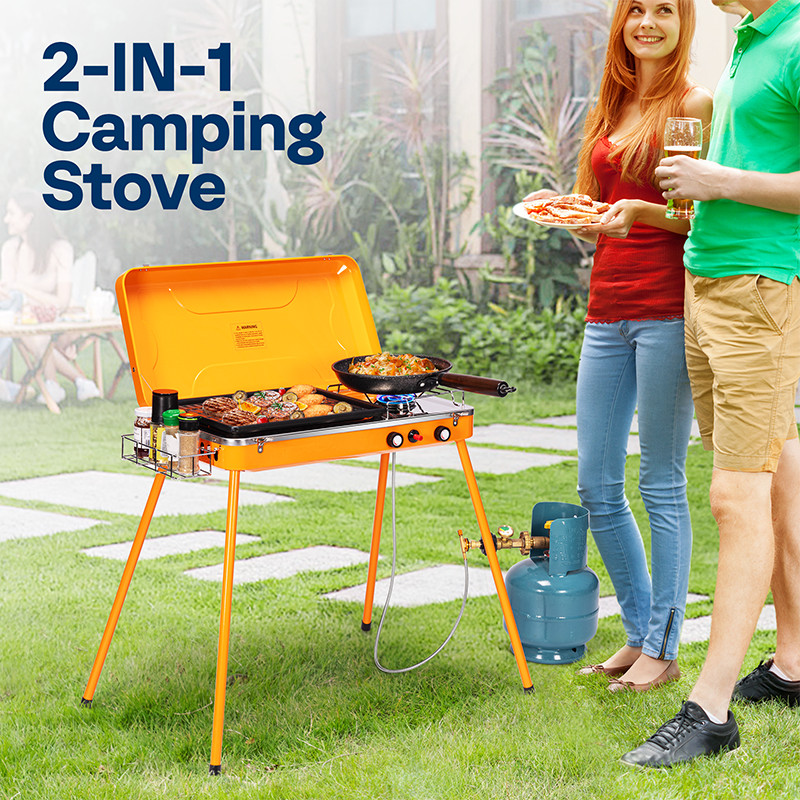 2-in-1 Gas Camping Stove with Detachable Legs Portable Propane Grill, 20000 BTU