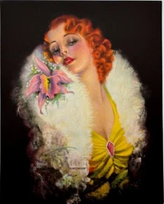 Orchids, Original Vintage Billy DeVorss 5x6 Art Deco Pin-Up Print Sultry Redhead