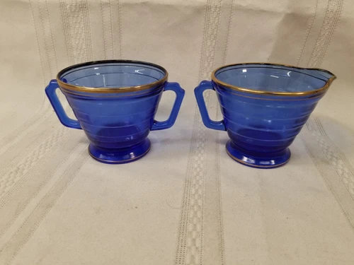 Hazel Atlas Cobalt Blue Moderntone Depression Glass Sugar Bowl Creamer Gold Trim