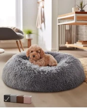 Donut Plush Pet Dog Cat Bed Fluffy Soft Warm Calming Bed Sleeping Kennel Nest