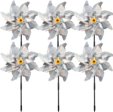 Sparkly Reflective Pinwheels with Stakes, Wind Spinners Outdoor Bird Silver