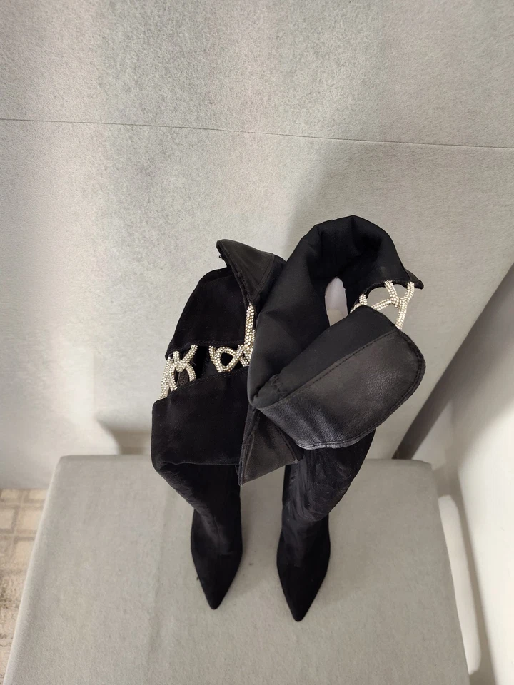 Botas Azalea Wang para mujer 7,5 negras hasta el muslo estrás tacones con cordones zapatos glamurosos Foto 3 de 4