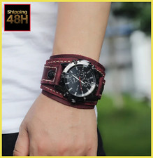 New Wide Leather Watch Cuff Band Brown Wrist Black Strap Punk Retro Quartz Mens