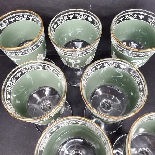 7 Jasperware Jeanette Wedgwood Green Greek Hellenic Cordial Sherry Glasses MCM - Picture 4 of 12