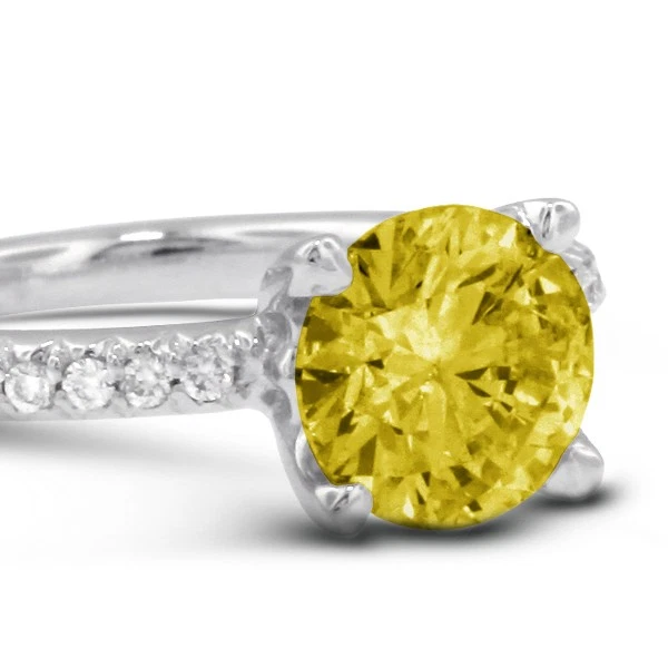 Anillo clásico de diamantes laterales con certificado natural corte redondo VS2 amarillo de 1 quilate Foto 2 de 4