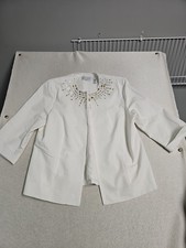Alfred Dunner White Embellished Front Jacket 3/4 Sleeve Size 14 Cotton Blend
