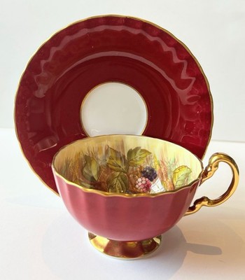 Vintage Aynsley Orchard Fruit Tea Cup & Saucer Red Gold numbered, signed D Jones