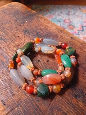 Vintage 1960s Boho Agate Beggar Bead Necklace 60cm Fluted Triangle Jasper Retro - Image 1 of 4
