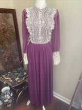 Vintage ILGWU Prairie Victorian Lace Maxi Dress Purple Rhinestone Pearl