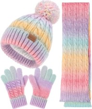 Kids Winter Hat Scarf Gloves Set, Girl Boy Toddler 8 3-8 Years Old Rainbow