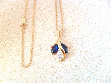 14K Gold Chain Necklace 19" Delicate Twist Rope Diamonique Blue White Pendant