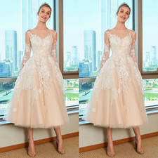 Abiti da sposa lunghi tè maniche lunghe champagne pizzo abiti da sposa corti