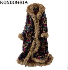 Women's Floral Bohemian Faux Fur Parka Thicken Hooded Coat Cotton-Padded Jacket