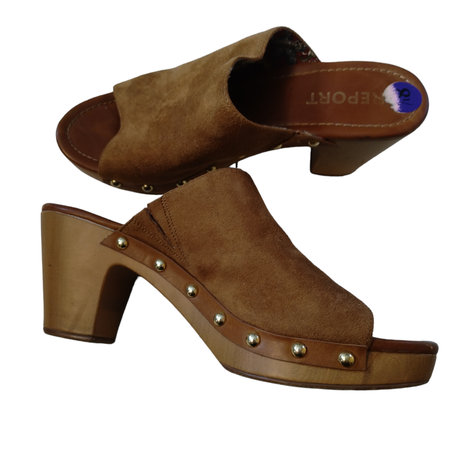 Women's Size 8.5 Dark Tan Faux Suede Slip-On Block Heel Clogs