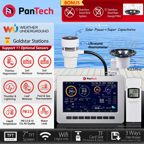 PanTech Weather Station Ultrasonic Anemometer Wifi Rain Gauge 100m Solar HP2553 - Picture 3 of 24