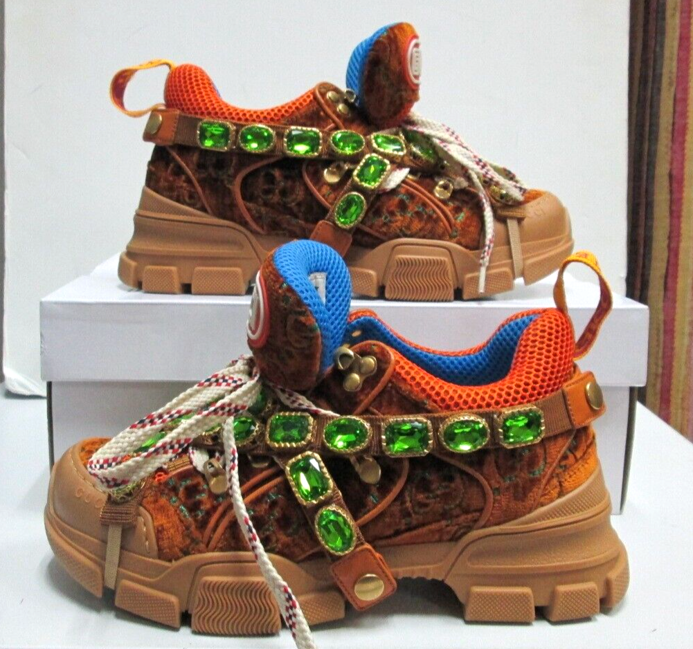 Authentic Gucci Flashtrek Crystal Brown Green Velvet Sneaker EU 36