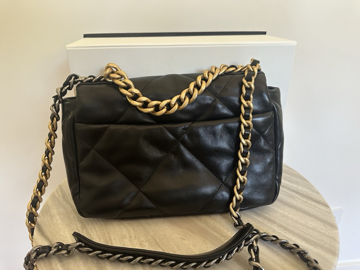 Chanel 19 Quilted Lambskin CC Medium Black Flap Bag | eBay