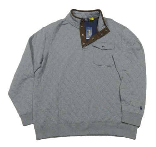 Polo Ralph Lauren Men's Gray/Navy Quilted 1/2 Snap Button Pullover Sweater - Afbeelding 1 van 3