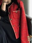 Scarlet Red Tweed Blazers Women New Autumn Winter Loose O-Neck Single-Breasted Suit Jacket