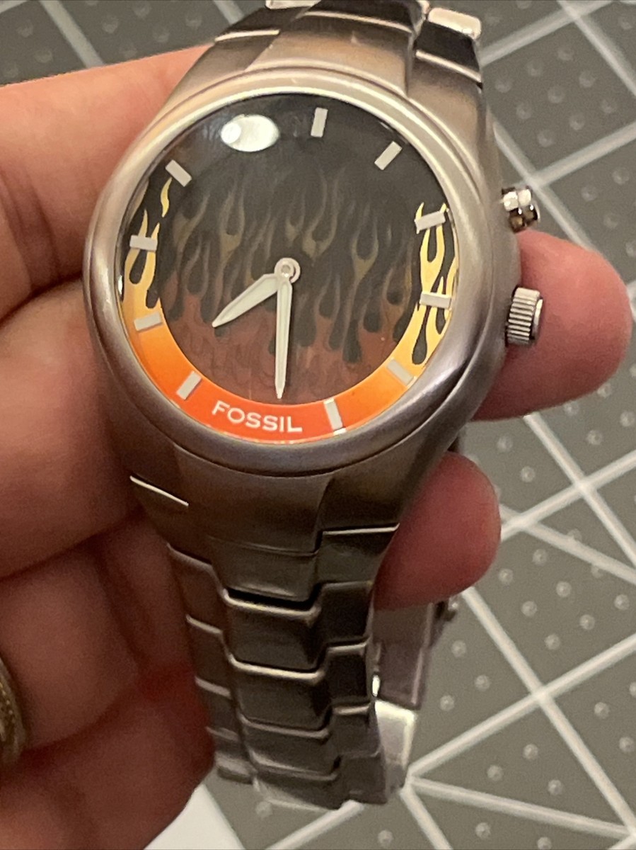 Fossil Big Tic Watch Men Silver Tone Flame Animation JR-8115 New